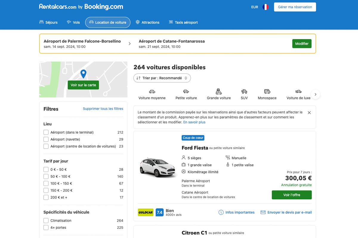 Site Rentalcars pour la location de voiture en Sicile